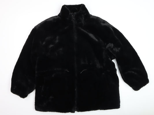 Zara Women Black Faux Fur Mid-Length Coat Size L