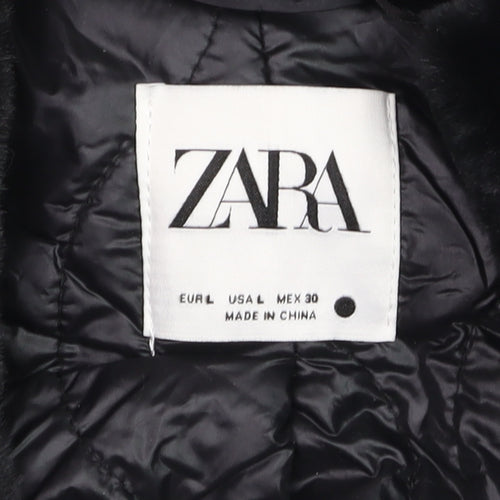 Zara Women Black Faux Fur Mid-Length Coat Size L