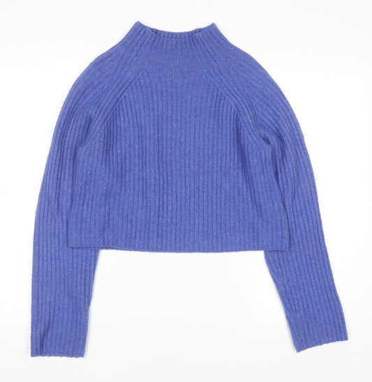 Monki Women Blue Mock Neck Ribbed Knit Jumper Size S