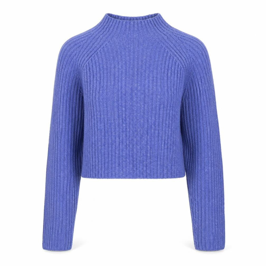 Front view of Monki Women Blue Mock Neck Ribbed Knit Jumper, size S