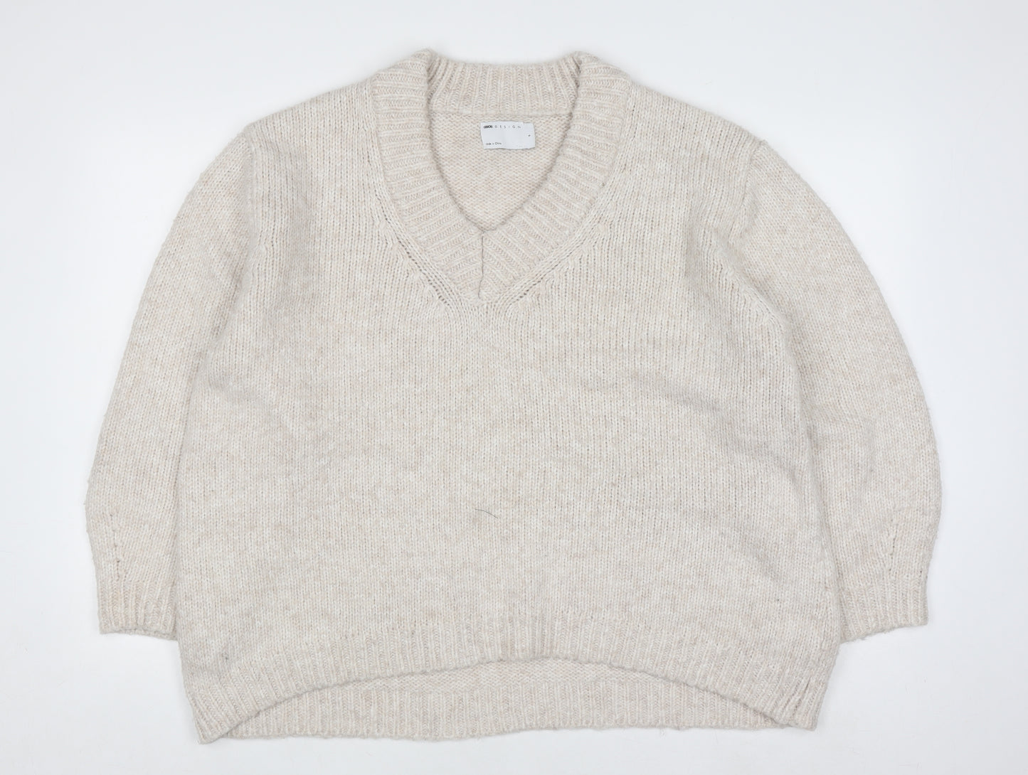 ASOS DESIGN Women's Beige Chunky-Knit V-Neck Pullover Jumper Size S