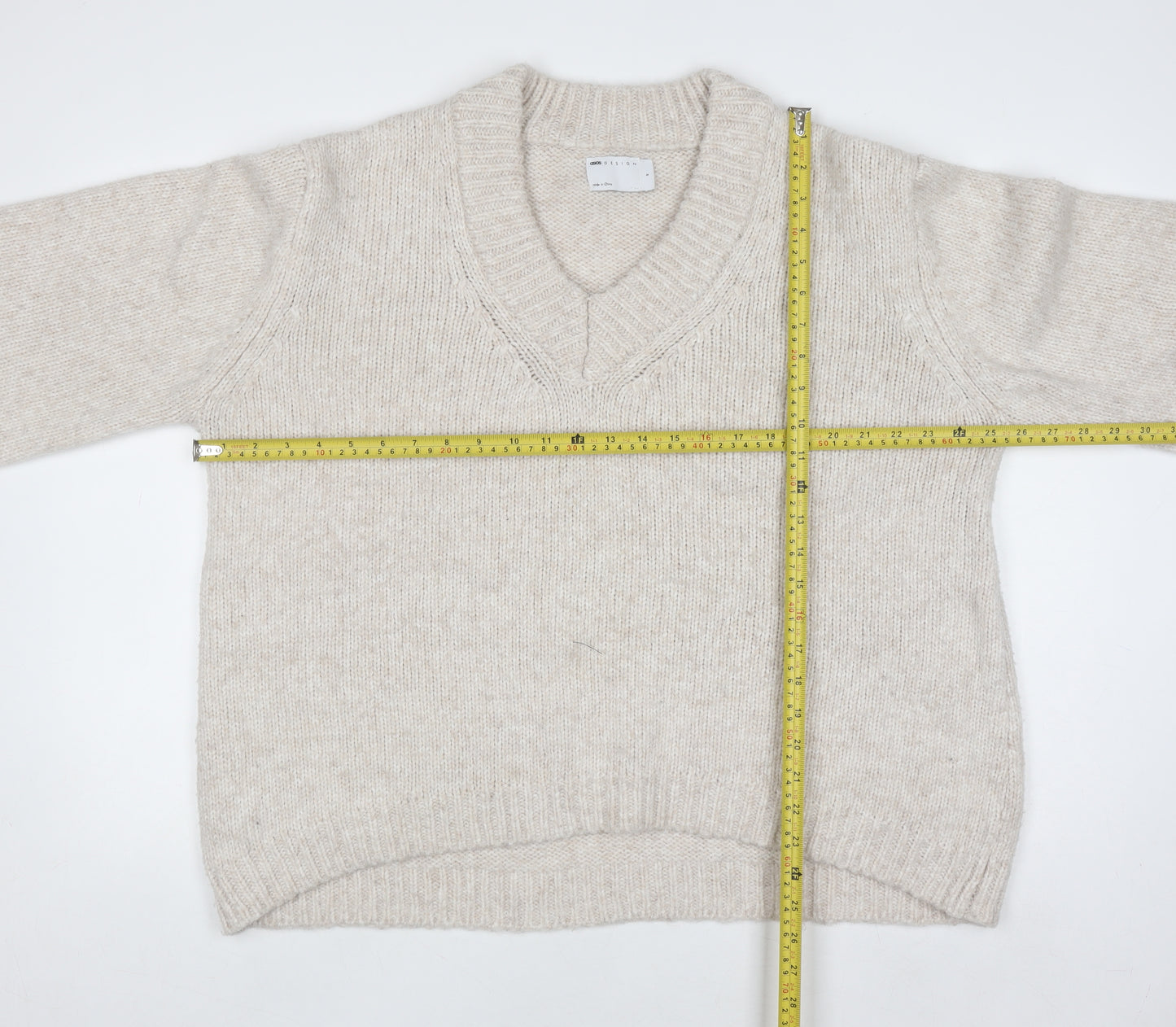 ASOS DESIGN Women's Beige Chunky-Knit V-Neck Pullover Jumper Size S