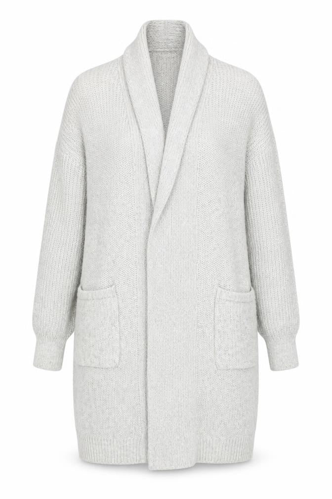 Front view of Kaisley Women's Grey Chunky-Knit Longline Cardigan, size S