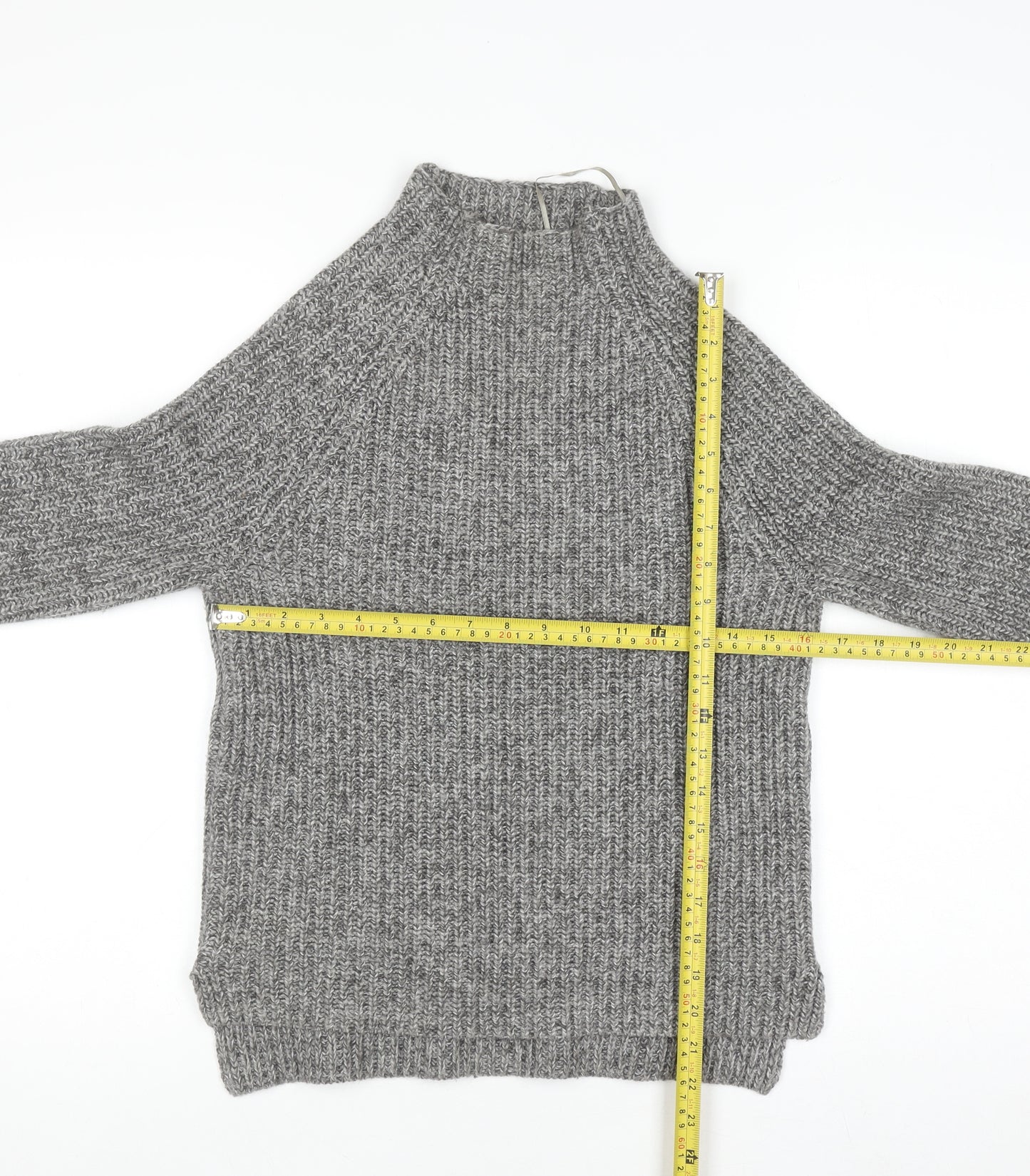 Marks and Spencer Womens Grey Chunky Knit Mock Neck Wool Blend Jumper S