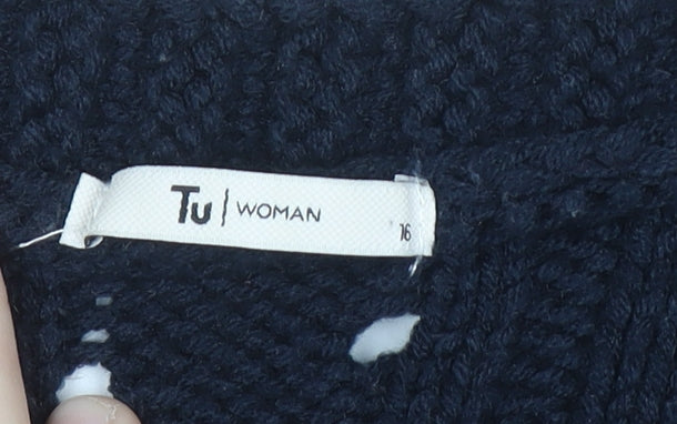 Tu Woman Navy Cable-Knit Open Cardigan Size 16