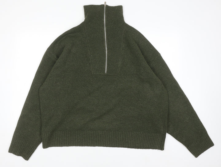 Collusion Women Green High Neck Half Zip Knit Jumper Size L