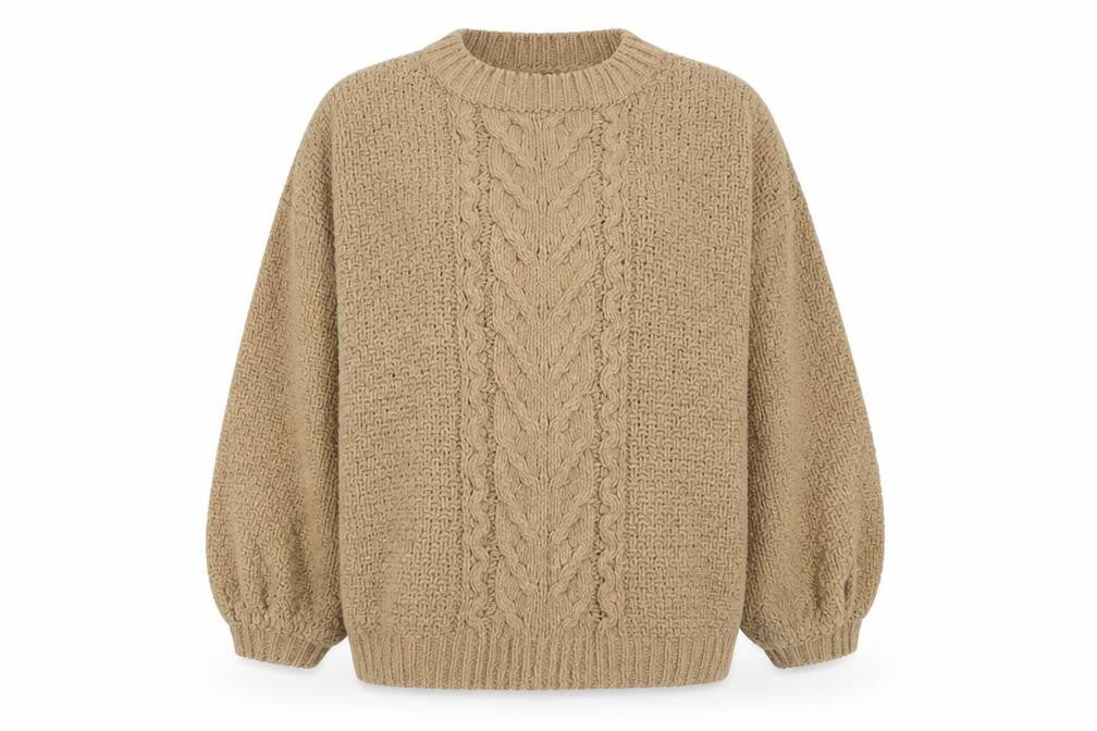 Front view of Stradivarius Women Beige Cable-Knit Crew Neck jumper L