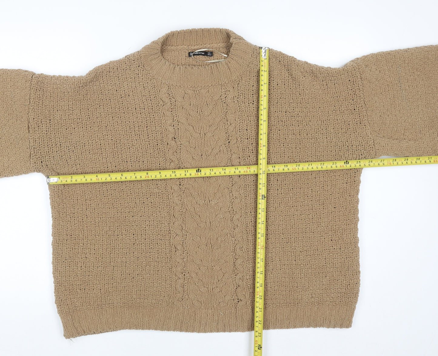 Stradivarius Women Beige Cable-Knit Crew Neck Pullover Jumper L