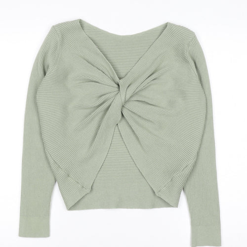 MNG Women's Green Ribbed V-Neck Twist Front Jumper Size 12