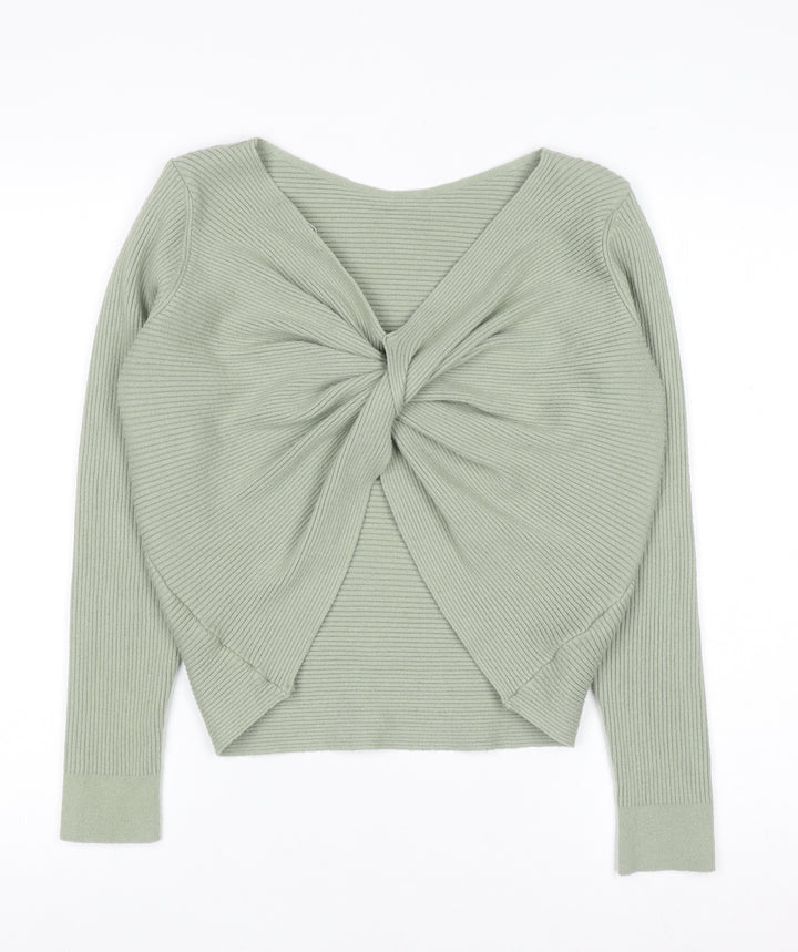 MNG Women's Green Ribbed V-Neck Twist Front Jumper Size 12