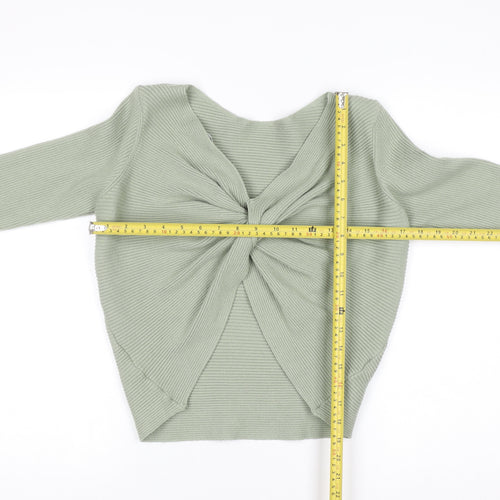 MNG Women's Green Ribbed V-Neck Twist Front Jumper Size 12