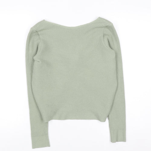 MNG Women's Green Ribbed V-Neck Twist Front Jumper Size 12
