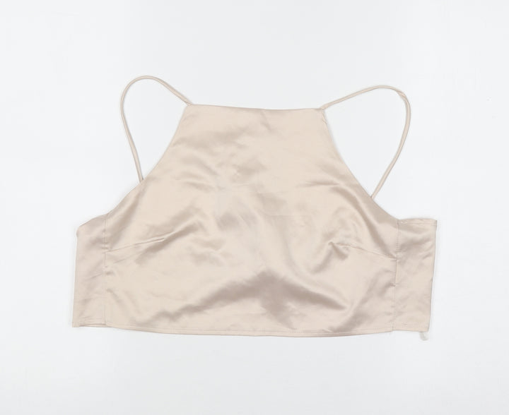 Glamorous Women’s Beige Satin Camisole Tie Back Halter Top UK 10