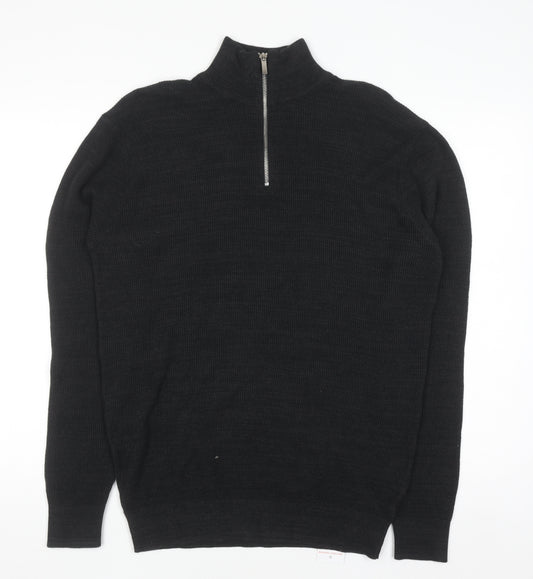 F&F Men's Black 1/2 Zip High Neck Cotton Jumper Size M