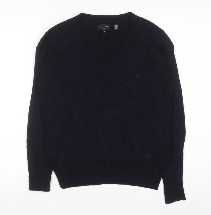 Ted Baker Womens Navy V-Neck Wool Blend Jumper Size 10 Classic Fit