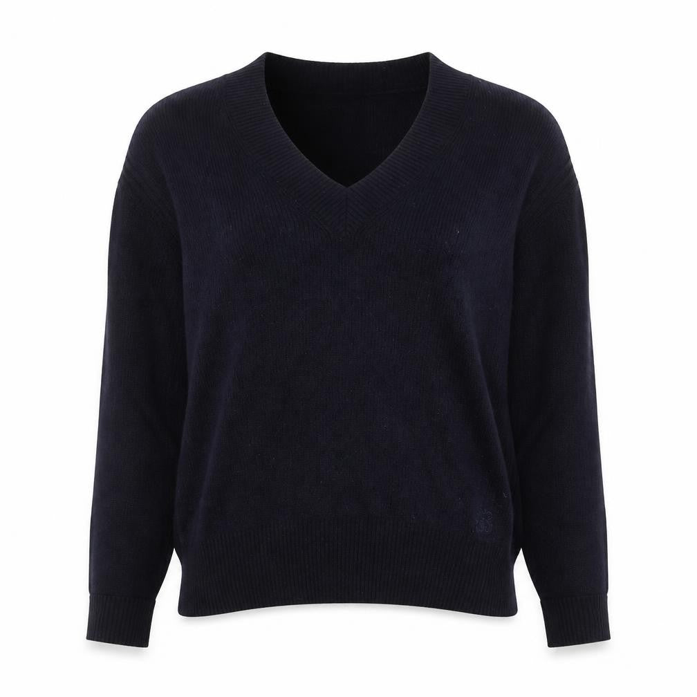Front view of Ted Baker women’s navy v-neck wool blend jumper, size UK 10, classic fit