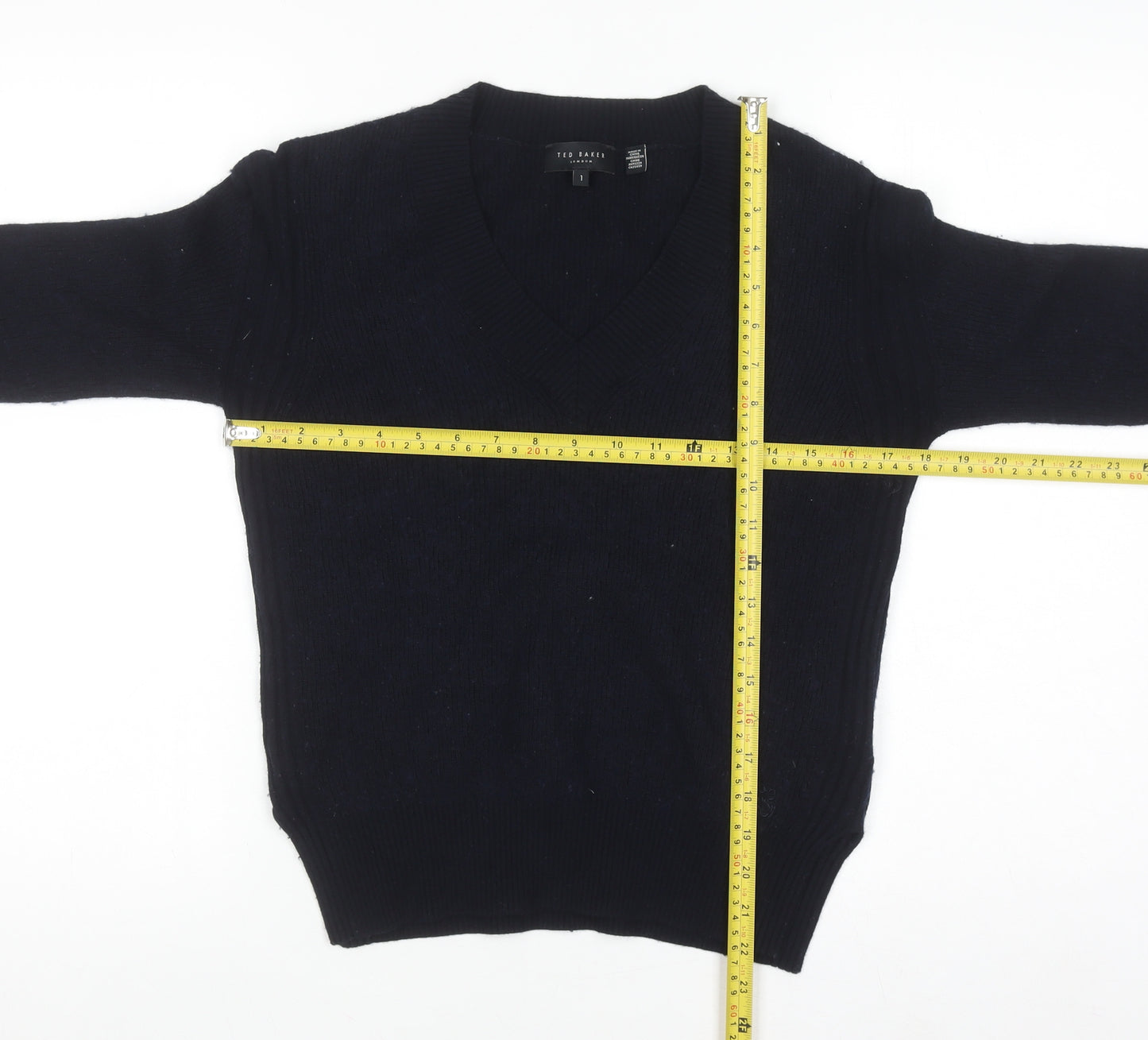 Ted Baker Womens Navy V-Neck Wool Blend Jumper Size 10 Classic Fit
