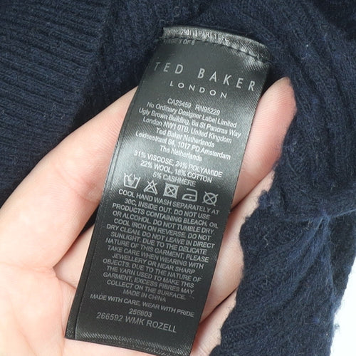 Ted Baker Womens Navy V-Neck Wool Blend Jumper Size 10 Classic Fit