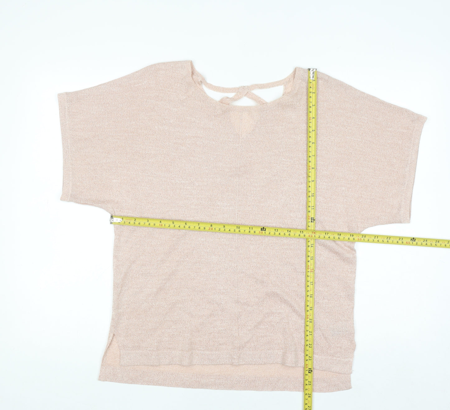 Marks and Spencer Women’s Beige Knit Metallic Linen Blend Short Sleeve Top Size 12