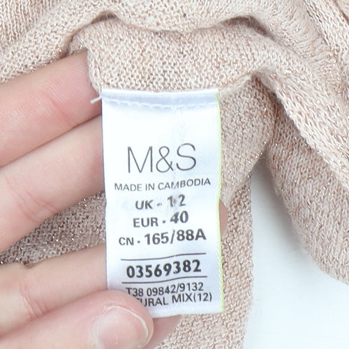 Marks and Spencer Women’s Beige Knit Metallic Linen Blend Short Sleeve Top Size 12