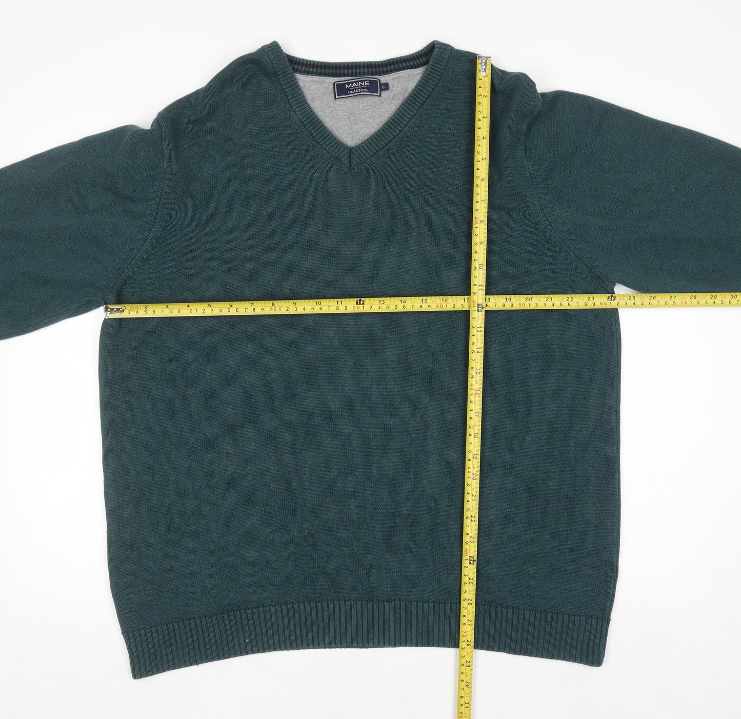Maine New England Men's Green Cotton V-Neck Jumper XL