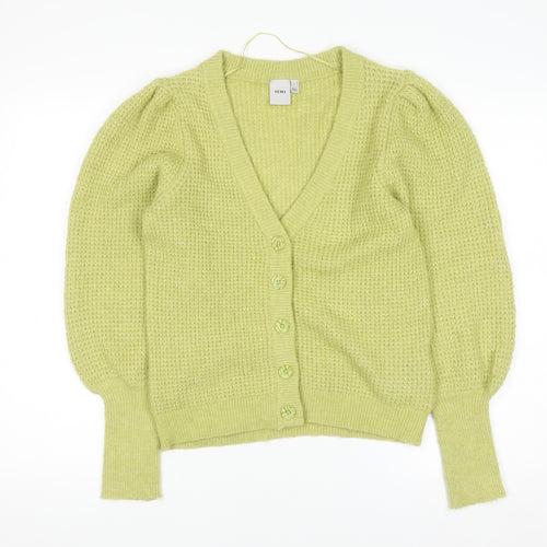 ICHI Women's Green V-Neck Chunky Knit Puff Sleeve Cardigan Size S