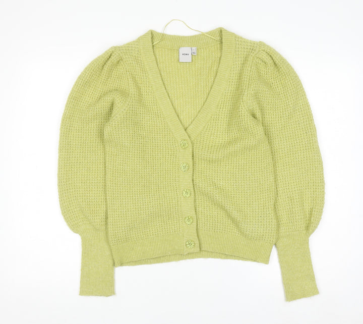 ICHI Women's Green V-Neck Chunky Knit Puff Sleeve Cardigan Size S