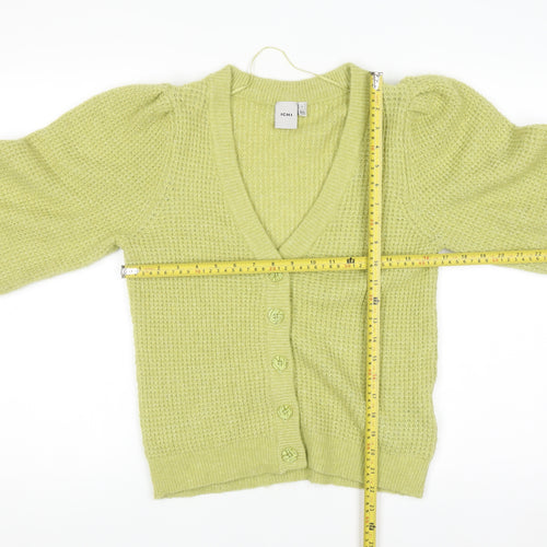 ICHI Women's Green V-Neck Chunky Knit Puff Sleeve Cardigan Size S
