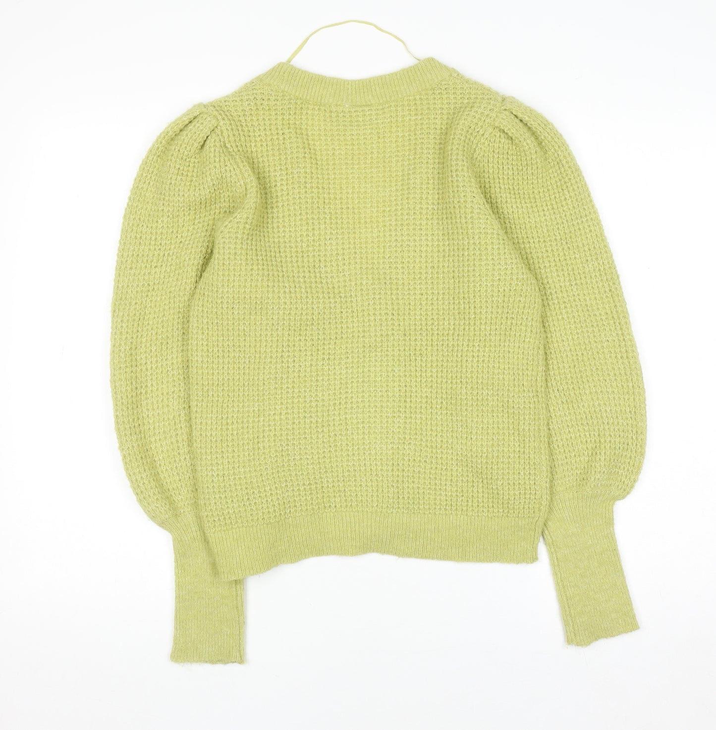 ICHI Women's Green V-Neck Chunky Knit Puff Sleeve Cardigan Size S