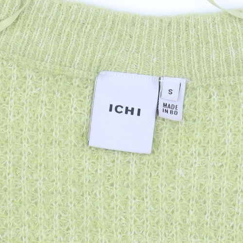 ICHI Women's Green V-Neck Chunky Knit Puff Sleeve Cardigan Size S