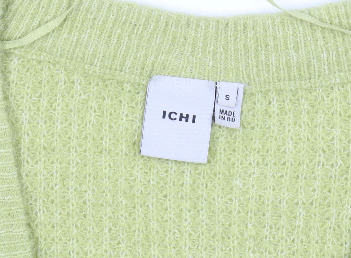 ICHI Women's Green V-Neck Chunky Knit Puff Sleeve Cardigan Size S
