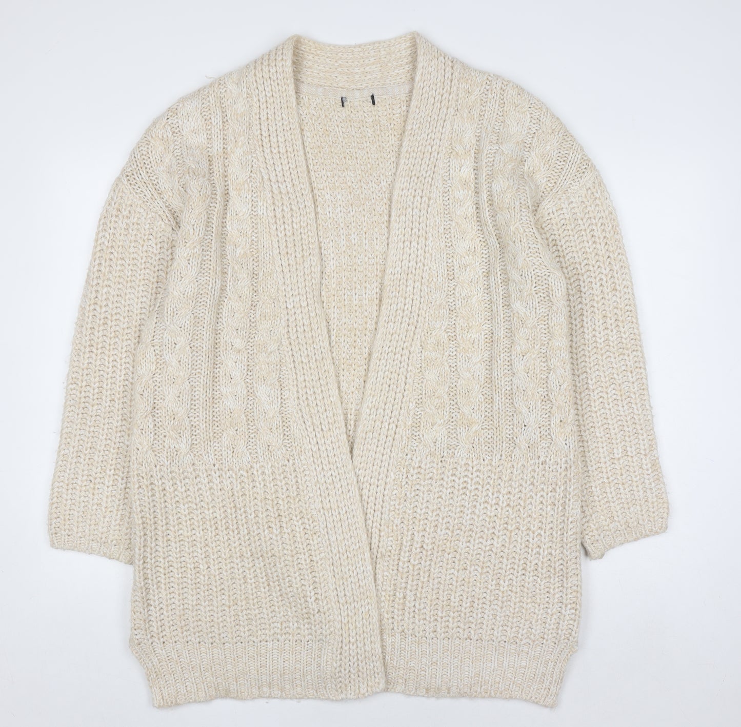 M&Co Women Beige Cable-Knit Long Sleeve Open Cardigan Size 16