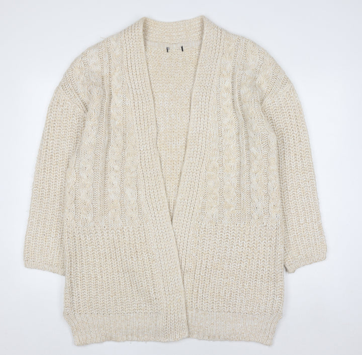 M&Co Women Beige Cable-Knit Long Sleeve Open Cardigan Size 16