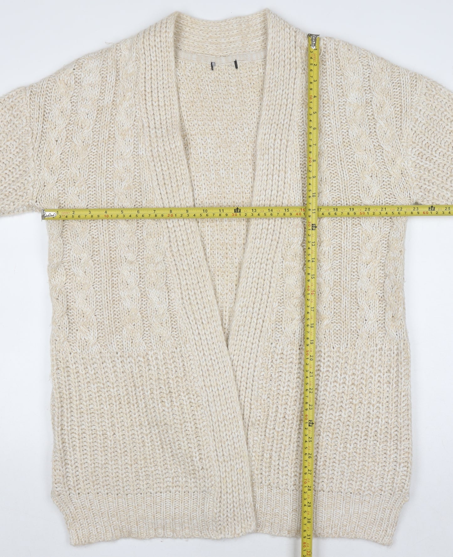 M&Co Women Beige Cable-Knit Long Sleeve Open Cardigan Size 16