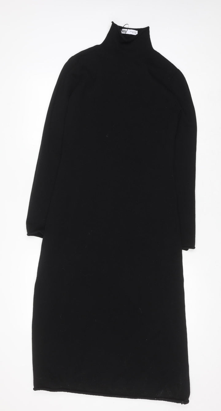 Zara Women Black Knit Shift Dress Size 12 Long Sleeve High Neck