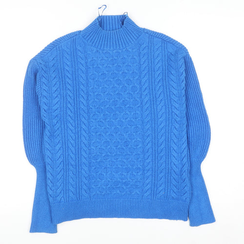Marks and Spencer Women's Blue Mock Neck Cable Knit Jumper Small