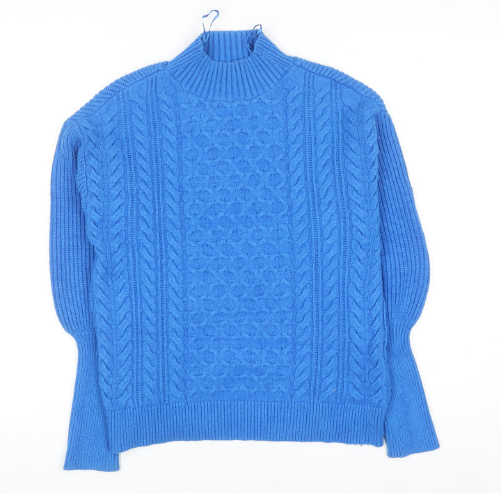 Marks and Spencer Women's Blue Mock Neck Cable Knit Jumper Small