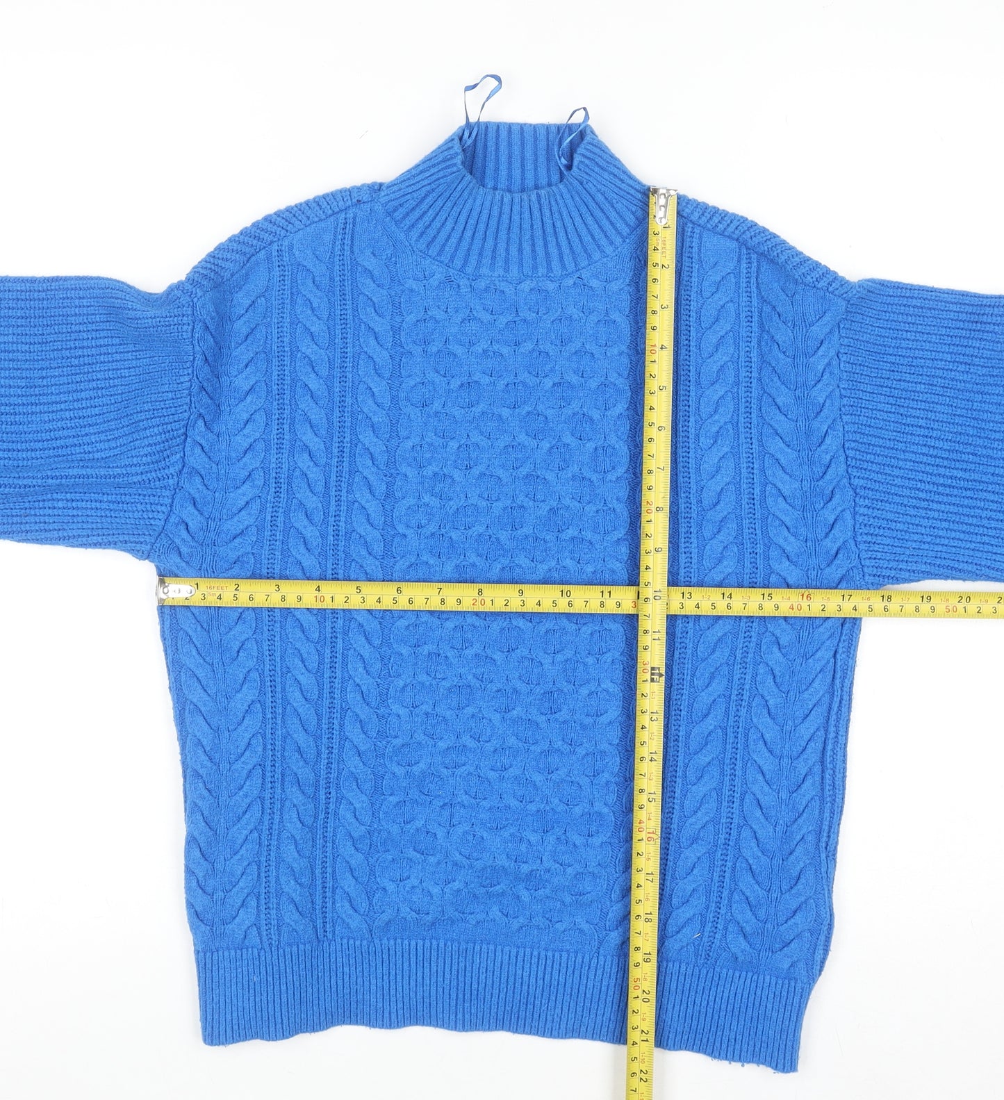 Marks and Spencer Women's Blue Mock Neck Cable Knit Jumper Small