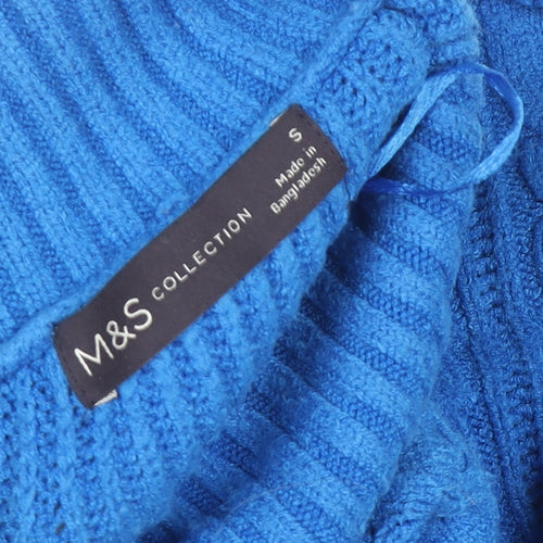Marks and Spencer Women's Blue Mock Neck Cable Knit Jumper Small