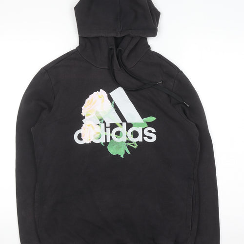 Adidas Womens Black Floral Logo Pullover Hoodie UK 12-14 M
