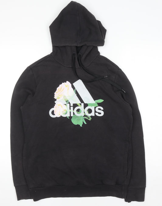 Adidas Womens Black Floral Logo Pullover Hoodie UK 12-14 M