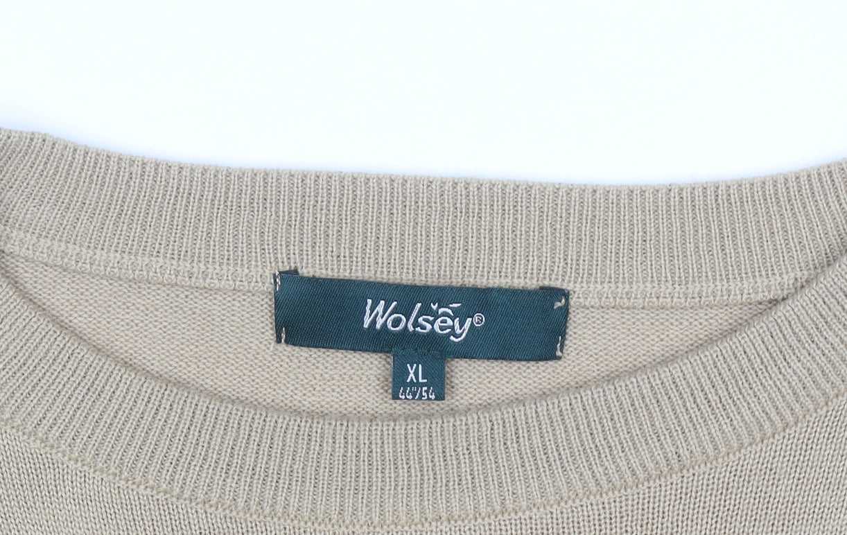Wolsey Mens Beige XL Crew Neck Pullover Jumper Merino Wool Blend