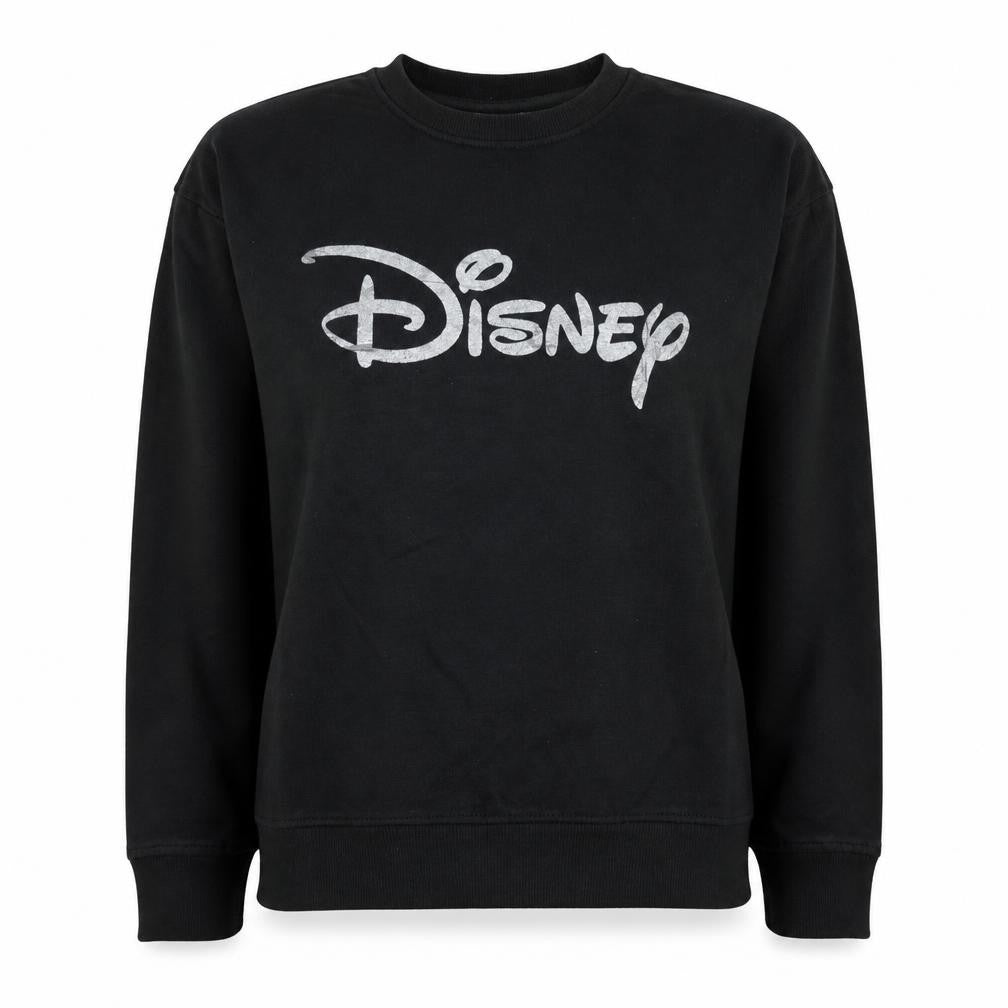 Front view of Disney Women’s Black Pullover Sweatshirt UK 10/12 Silver Logo Crew Neck