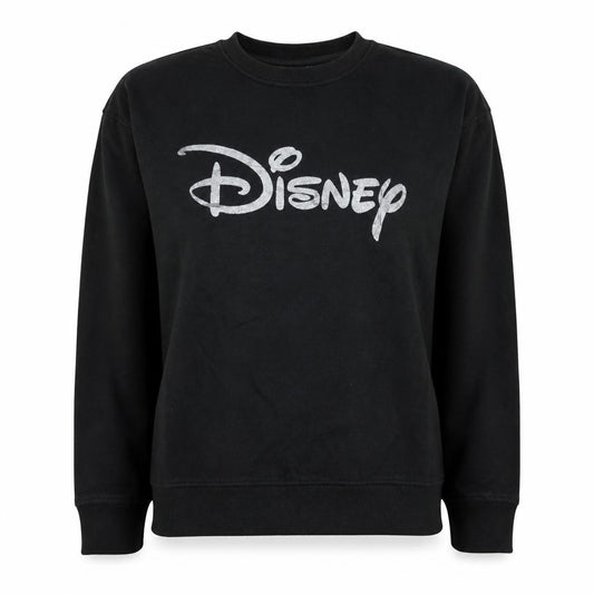 Front view of Disney Women’s Black Pullover Sweatshirt UK 10/12 Silver Logo Crew Neck