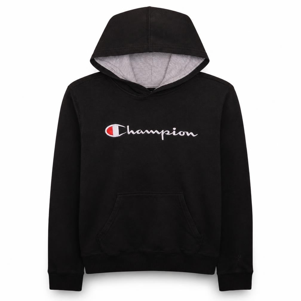 Front view of Champion women’s black xl pullover hoodie with logo embroidery