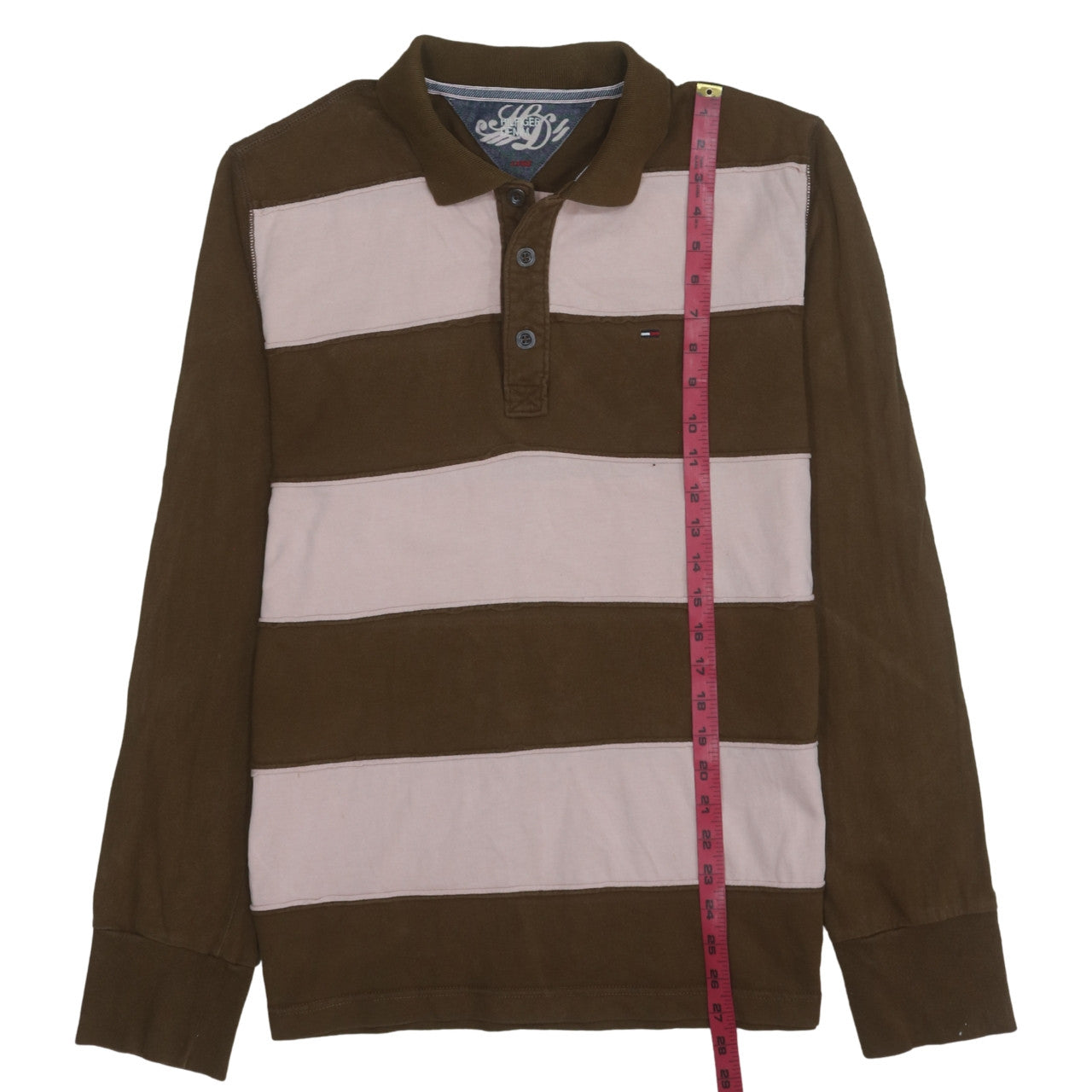 Tommy Hilfiger Men's Brown Striped Long Sleeve Polo Shirt L
