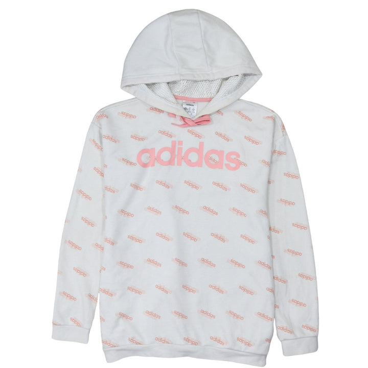 Adidas Womens White Pink Logo Pullover Hoodie XS