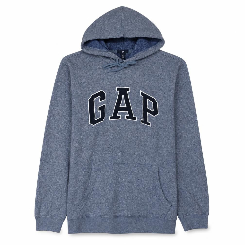 Front view of Gap Men Blue Pullover Hoodie L Logo Design Cotton Blend