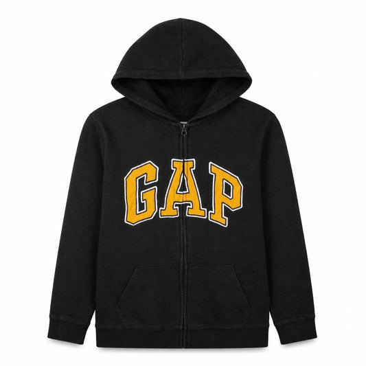Front view of Gap Kids boys’ black full zip hoodie, size 14-16, cotton blend logo