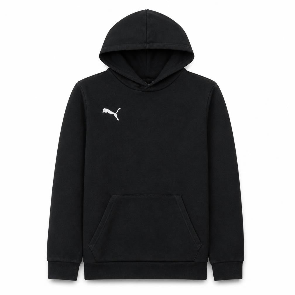 Front view of Puma boys’ black pullover hoodie 15-16 years athletic fit logo design